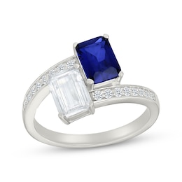 Toi et Moi Emerald-Cut Blue & White Lab-Created Sapphire Bypass Ring Sterling Silver