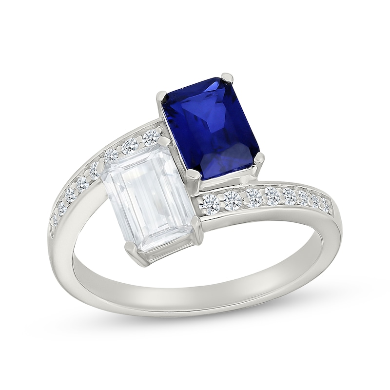 Main Image 1 of Toi et Moi Emerald-Cut Blue & White Lab-Created Sapphire Bypass Ring Sterling Silver