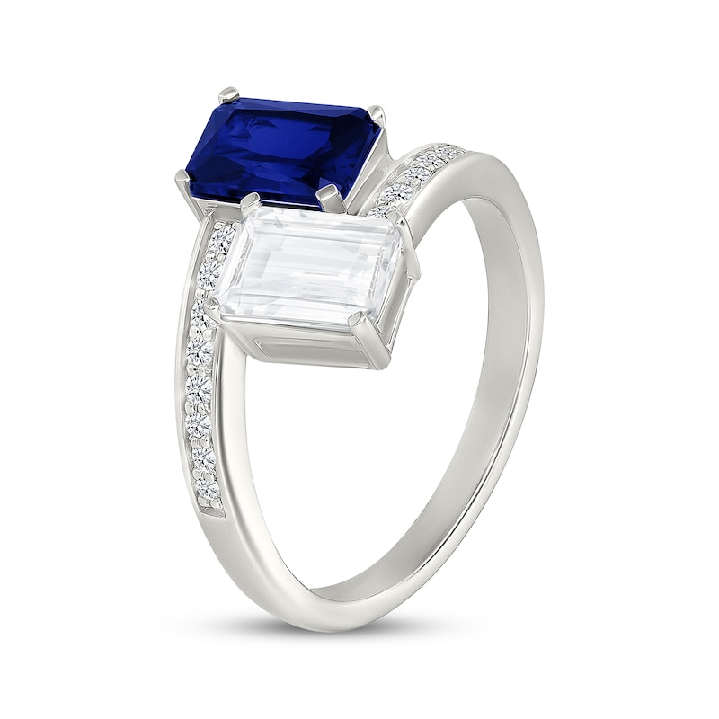 Main Image 2 of Toi et Moi Emerald-Cut Blue & White Lab-Created Sapphire Bypass Ring Sterling Silver