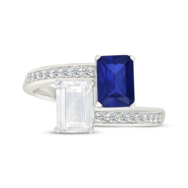 Main Image 4 of Toi et Moi Emerald-Cut Blue & White Lab-Created Sapphire Bypass Ring Sterling Silver