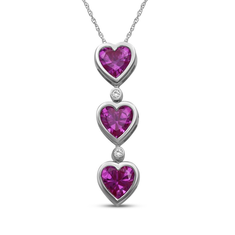 Main Image 1 of Heart-Shaped Pink Lab-Created Sapphire & White Lab-Created Sapphire Drop Necklace Sterling Silver 18"