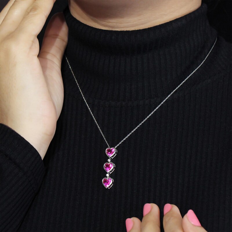 Main Image 4 of Heart-Shaped Pink Lab-Created Sapphire & White Lab-Created Sapphire Drop Necklace Sterling Silver 18"