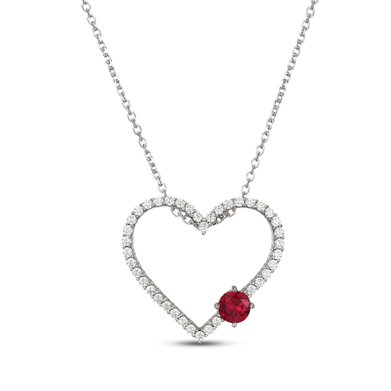 Lab-Created Ruby & White Lab-Created Sapphire Heart Necklace Sterling Silver 18"