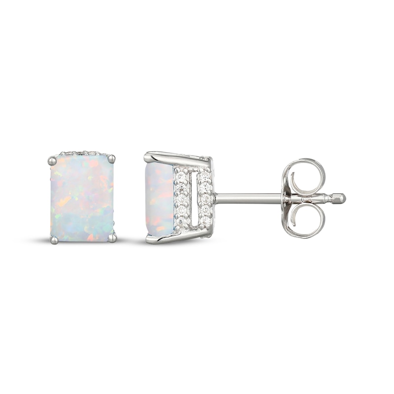 Main Image 3 of Emerald-Cut Lab-Created Opal & White Lab-Created Sapphire Hidden Halo Stud Earrings Sterling Silver