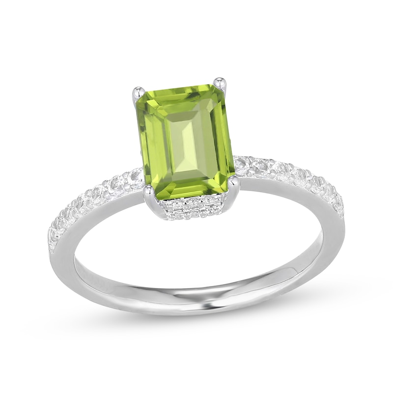 Main Image 1 of Emerald-Cut Peridot & White Lab-Created Sapphire Hidden Halo Ring Sterling Silver