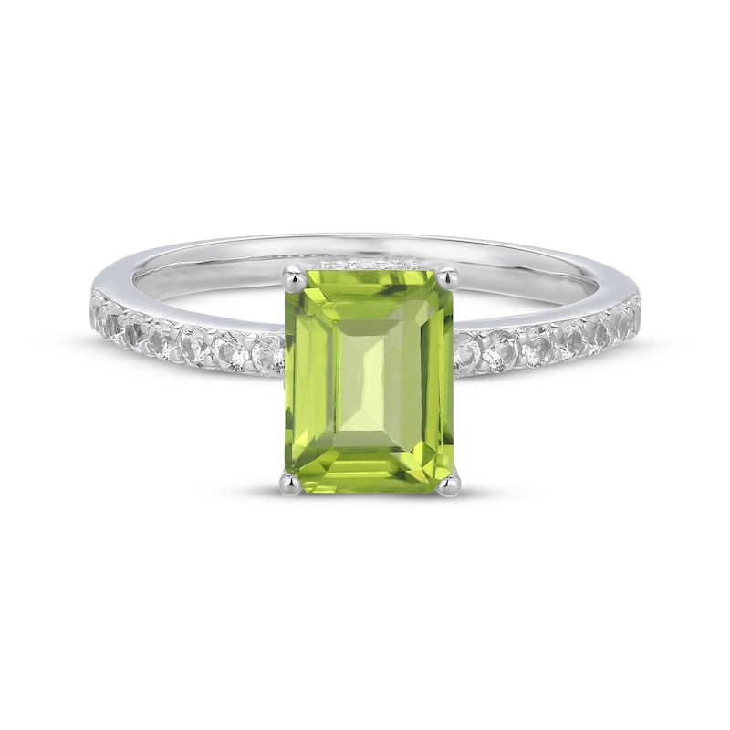 Main Image 3 of Emerald-Cut Peridot & White Lab-Created Sapphire Hidden Halo Ring Sterling Silver