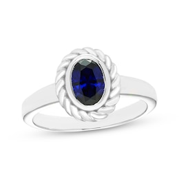 Oval-Cut Blue Lab-Created Sapphire Solitaire Twist Frame Ring Sterling Silver
