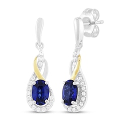 Oval-Cut Blue Lab-Created Sapphire & White Lab-Created Sapphire Drop Earrings Sterling Silver & 10K Yellow Gold