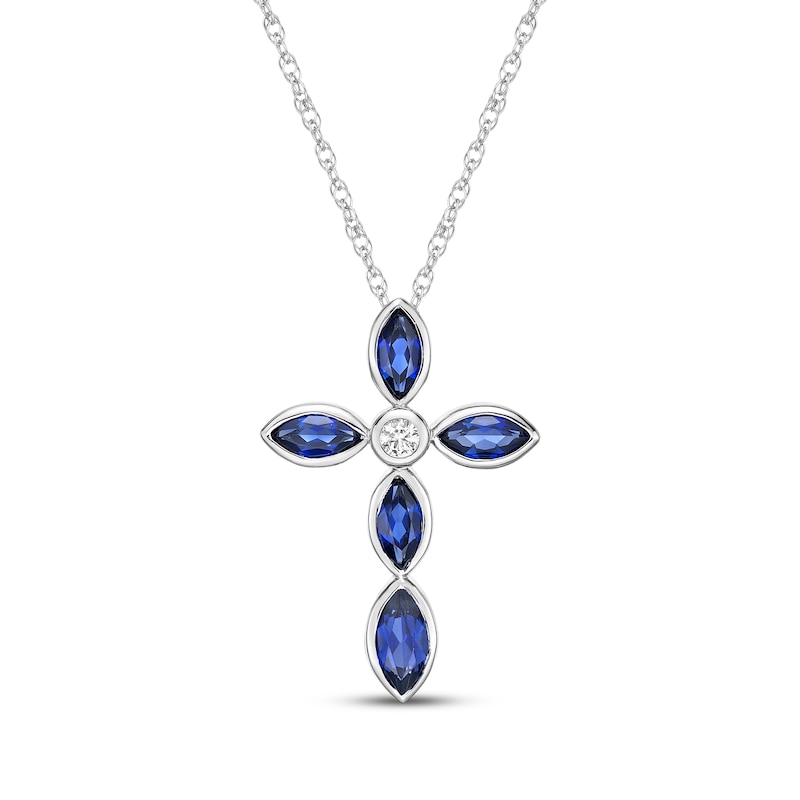 Main Image 1 of Marquise-Cut Blue Lab-Created Sapphire & White Lab-Created Sapphire Cross Necklace Sterling Silver 18"