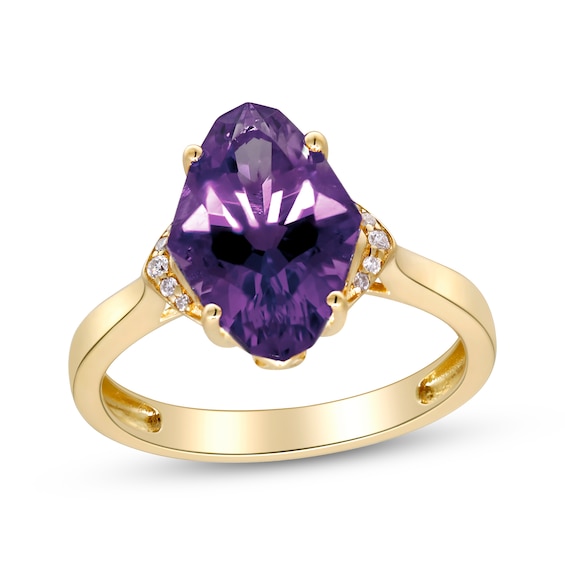Kite-Shaped Amethyst & Diamond Accent Ring 14K Yellow Gold