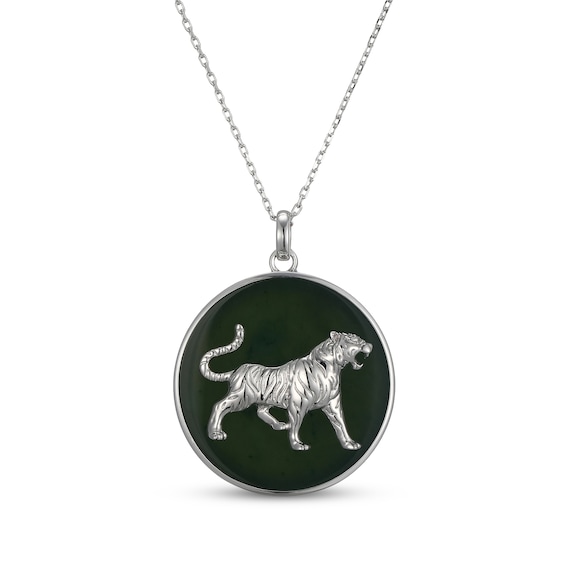 Nephrite Jade Year of the Tiger Chinese Zodiac Necklace Sterling Silver 18"