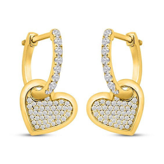 Diamond Hole Punch Heart Dangle Hoop Earrings 1/2 ct tw 14K Yellow Gold