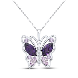 Amethyst, Pink Quartz & White Lab-Created Sapphire Butterfly Necklace Sterling Silver 18"