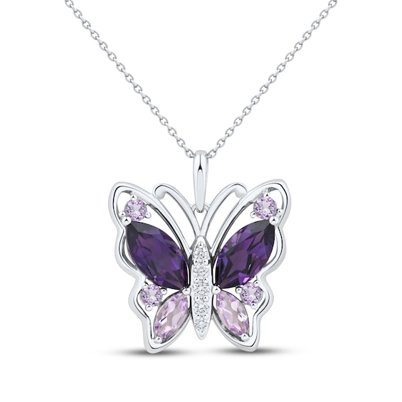 Amethyst, Pink Quartz & White Lab-Created Sapphire Butterfly Necklace Sterling Silver 18"