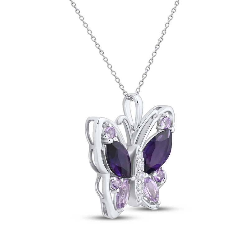 Main Image 2 of Amethyst, Pink Quartz & White Lab-Created Sapphire Butterfly Necklace Sterling Silver 18"
