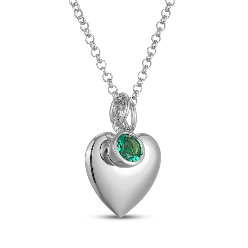 Main Image 2 of Lab-Created Emerald & Puff Heart Charm Toggle Necklace Sterling Silver 18"