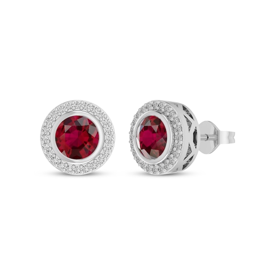 Lab-Created Ruby & White Lab-Created Sapphire Halo Stud Earrings Sterling Silver