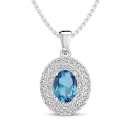 Oval-Cut Swiss Blue Topaz & White Lab-Created Sapphire Halo Necklace Sterling Silver 18"