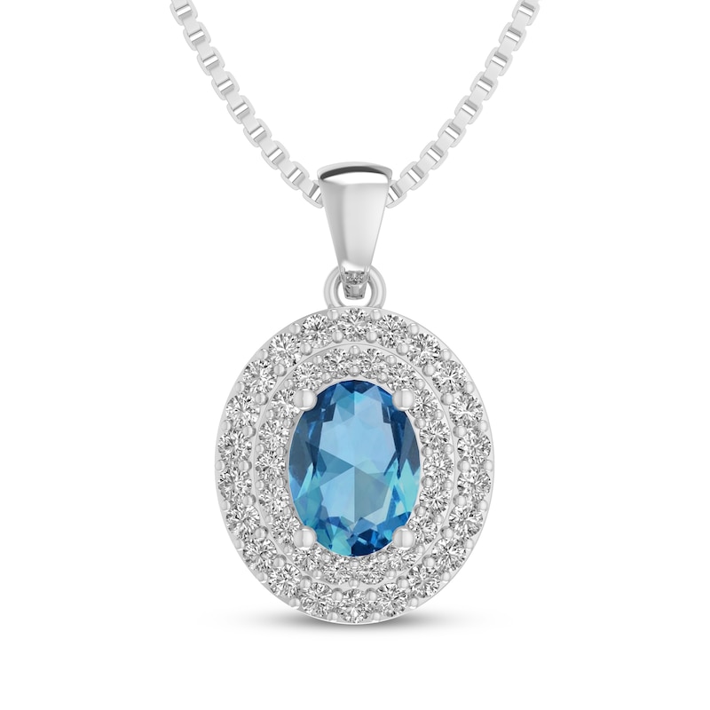 Main Image 1 of Oval-Cut Swiss Blue Topaz & White Lab-Created Sapphire Halo Necklace Sterling Silver 18"