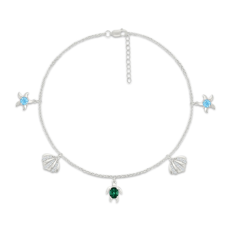Main Image 1 of Swiss Blue Topaz, Lab-Created Emerald & White Lab-Created Sapphire Sea Life Charm Anklet Sterling Silver 11"