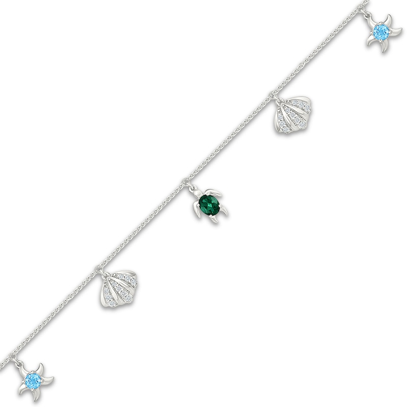 Main Image 2 of Swiss Blue Topaz, Lab-Created Emerald & White Lab-Created Sapphire Sea Life Charm Anklet Sterling Silver 11"