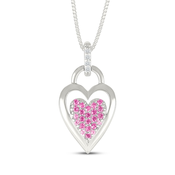 Pink & White Lab-Created Sapphire Heart Lock Necklace Sterling Silver 18"