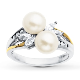 Cultured Pearl Ring Lab-Created Sapphires Sterling Silver
