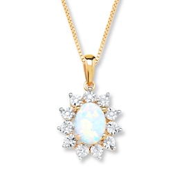 Lab-Created Opal Necklace 1/20 ct tw Diamonds 10K Yellow Gold