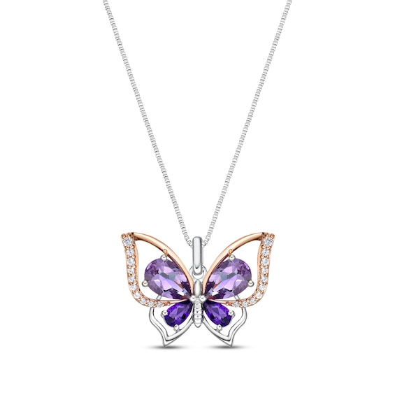 Marquise-Cut Amethyst & White Lab-Created Sapphire Butterfly Necklace Sterling Silver & 10K Rose Gold 18"