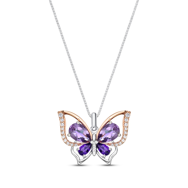 Main Image 1 of Marquise-Cut Amethyst & White Lab-Created Sapphire Butterfly Necklace Sterling Silver & 10K Rose Gold 18"