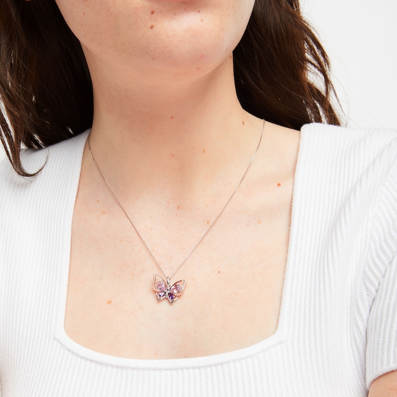 Main Image 2 of Marquise-Cut Amethyst & White Lab-Created Sapphire Butterfly Necklace Sterling Silver & 10K Rose Gold 18"