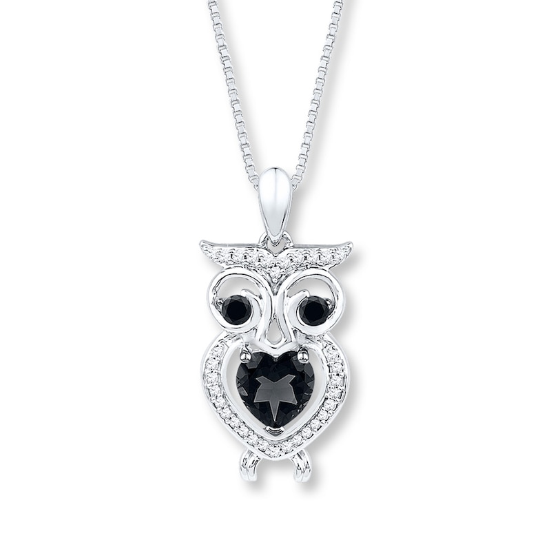 Black Onyx Owl Necklace 1/8 ct tw Diamonds Sterling Silver