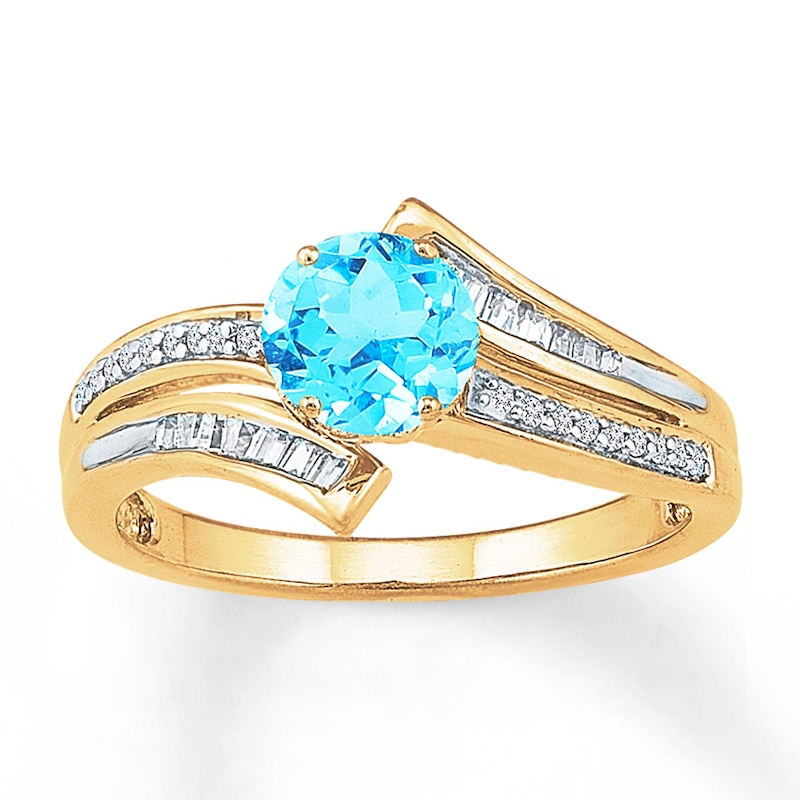 Blue Topaz Ring 1/6 ct tw Diamonds 10K Yellow Gold