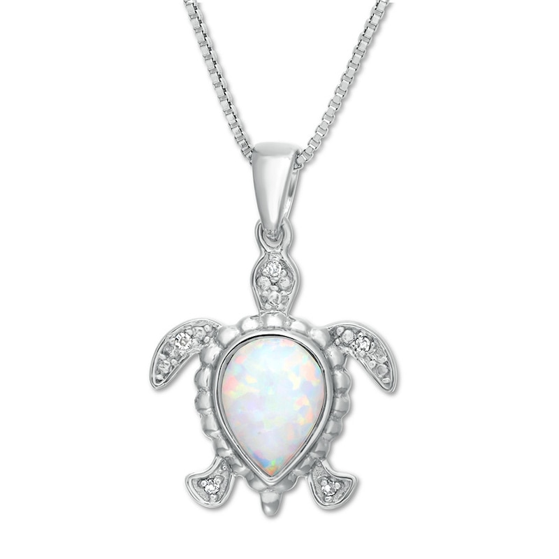 Turtle Necklace Lab-Created Opal with Diamonds Sterling Silver