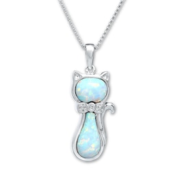 Cat Necklace Lab-Created Opal Diamond Accent Sterling Silver