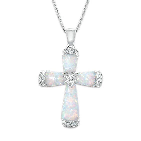 Cross Necklace LabCreated Opal with Diamonds Sterling Silver Kay Outlet