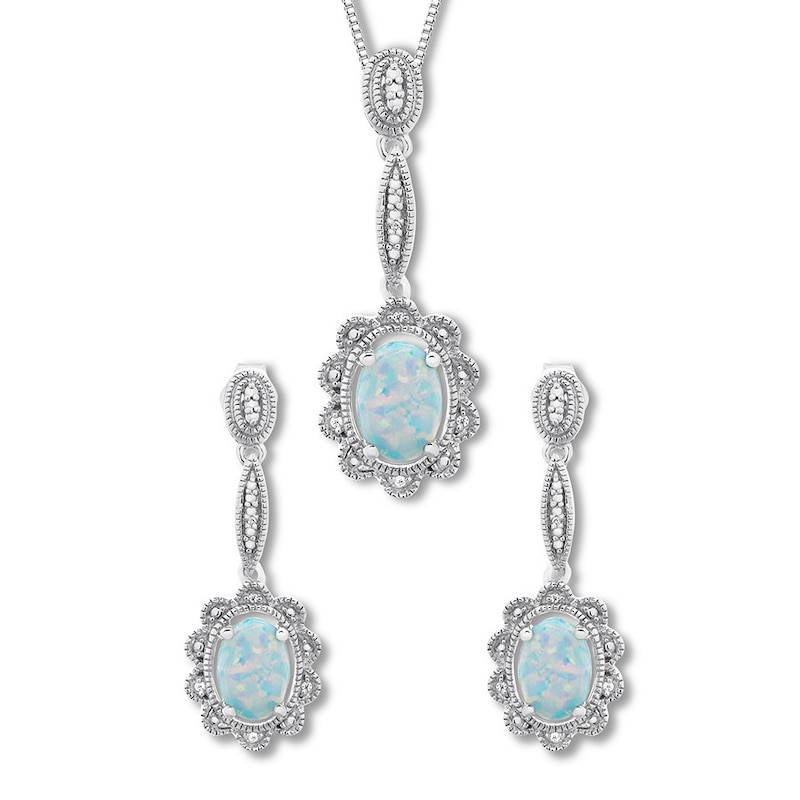 Main Image 1 of Lab-Created Opal Boxed Set 1/20 ct tw Diamonds Sterling Silver