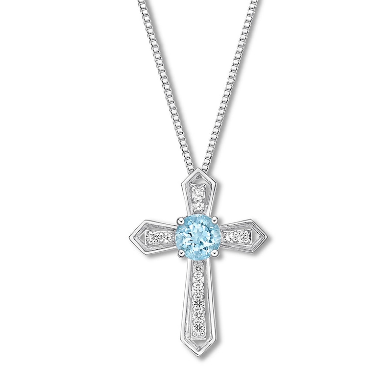 Cross Necklace Aquamarine/White Topaz Sterling Silver