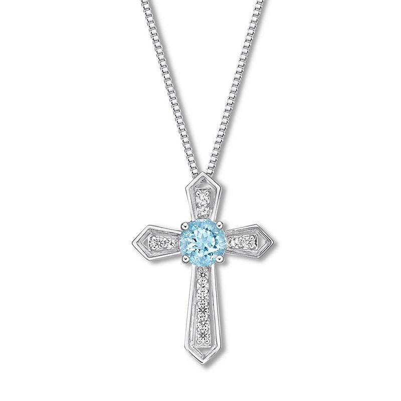 Main Image 1 of Cross Necklace Aquamarine/White Topaz Sterling Silver