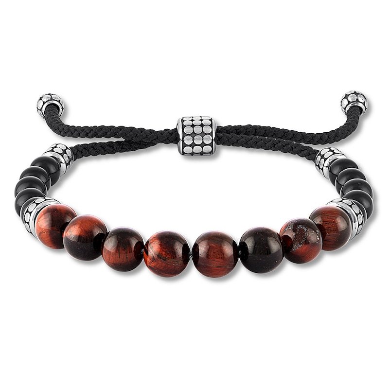 Main Image 1 of Chalcedony & Black Onyx Bead Bolo Bracelet Sterling Silver 10.5"