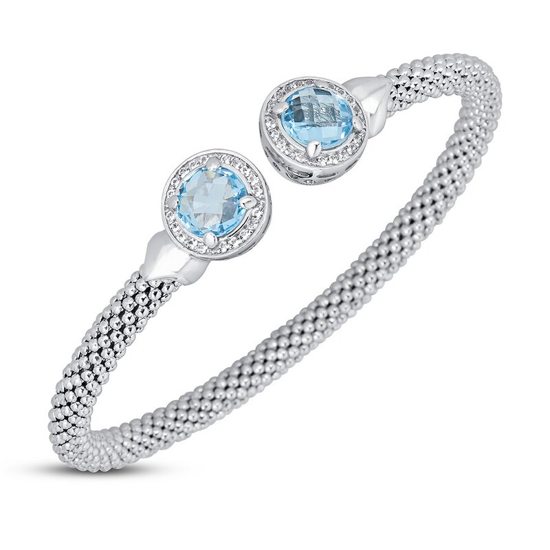 Blue & White Topaz Popcorn Mesh Cuff Bracelet Sterling Silver