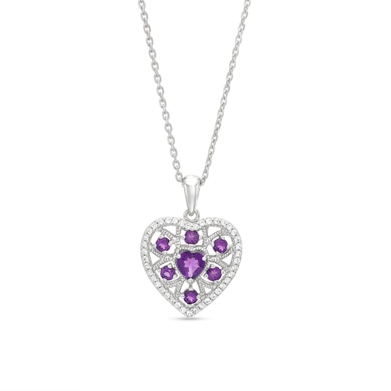 Amethyst & Lab-Created White Sapphire Heart Necklace Sterling Silver 18"