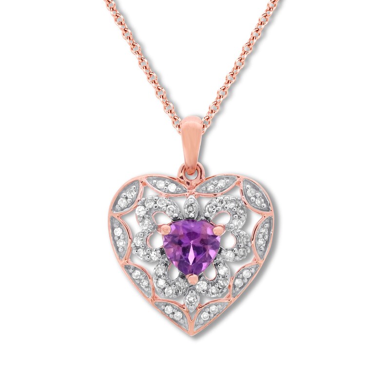 Main Image 1 of Amethyst Heart Necklace 1/6 ct tw Diamonds 10K Rose Gold