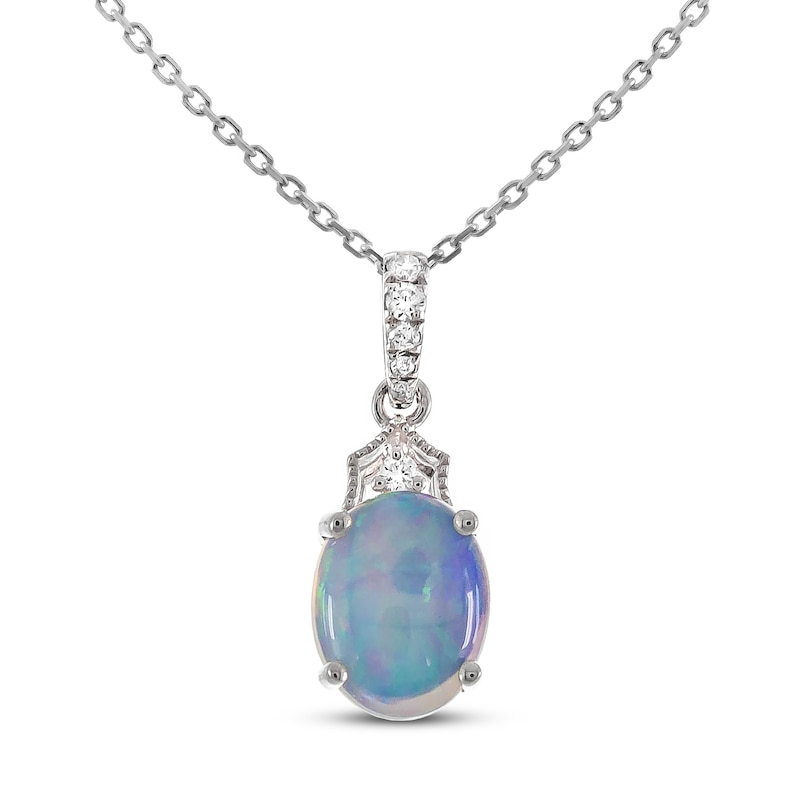 Main Image 1 of Oval Natural Opal & Diamond Necklace 1/20 ct tw 10K White Gold 18"