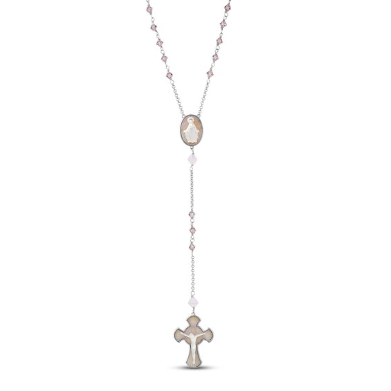 Mother of Pearl & Crystal Rosary Sterling Silver 27"