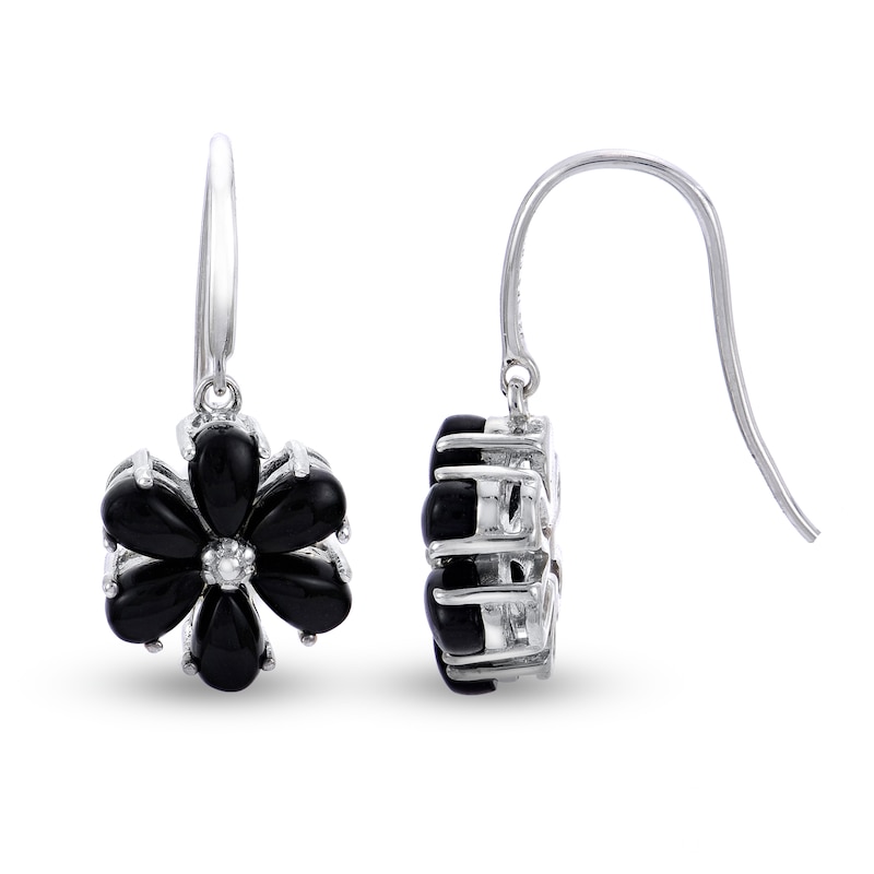 Black Onyx Flower Dangle Earrings Sterling Silver