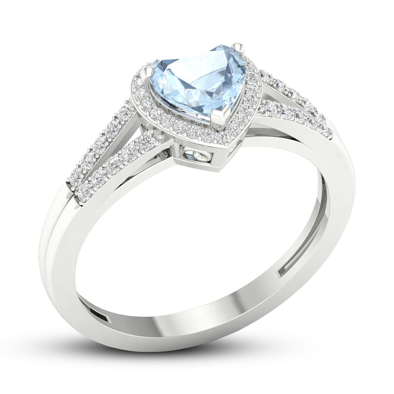 Aquamarine Heart Ring 1/10 ct tw Diamonds 10K White Gold
