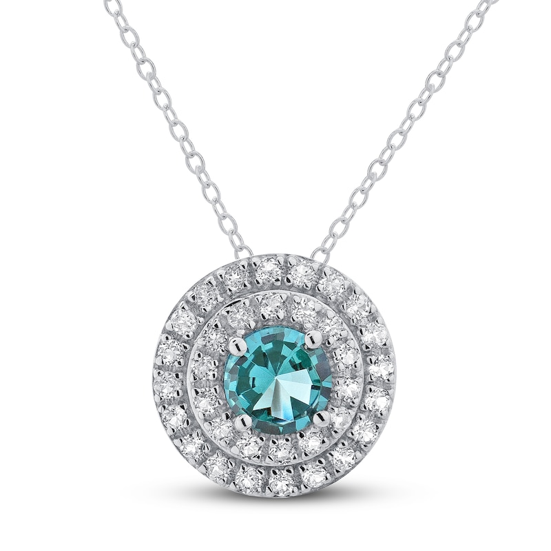 Oceanic Blue Topaz & White Topaz Double Halo Necklace Sterling Silver 18"