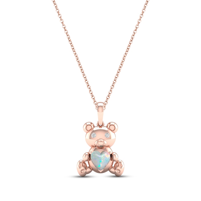 Opal & Diamond Teddy Bear Necklace 1/20 ct tw 10K Rose Gold 18"
