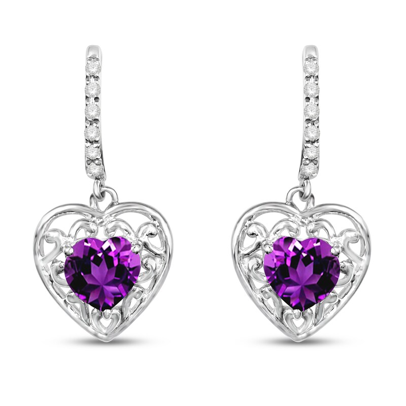 Main Image 1 of Amethyst & White Sapphire Heart Dangle Earrings Sterling Silver